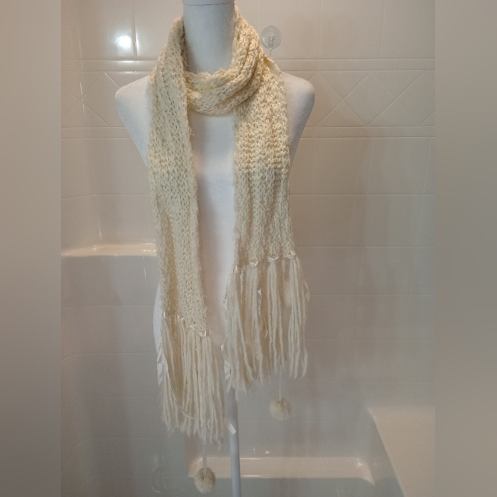 Women's Cream Knit Scarf with Ribbon & Pomp Pomp Detail